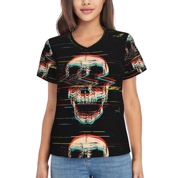 Uemuo Glitch Screaming Skull Printed Women's Classic V-Neck T-Shirt - Soft, Breathable, Moisture-Wicking, Perfect for Casual, Office, Travel, and Everyday Wear-3X-Large