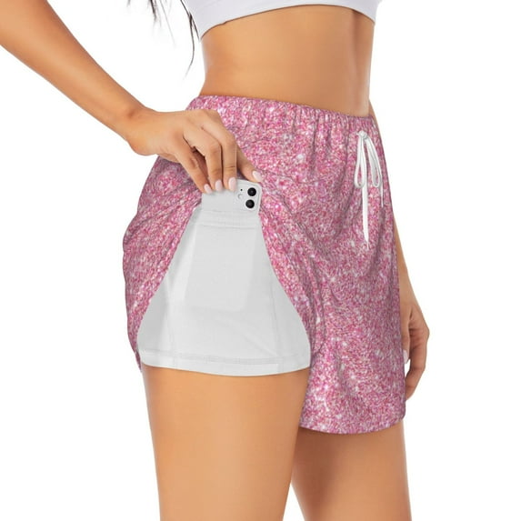 Uemuo Glitter Pattern Women's Athletic Shorts High Waisted Running Shorts with Liner Pockets Gym Elastic Workout Shorts-Large