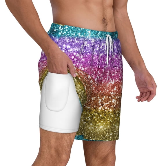 Uemuo Glitter Rainbow Pattern Mens Swim Trunks Quick Dry Board Shorts with Mesh Lining, Stretch Beach Shorts Quick Dry No-Chafing Board Shorts-Large