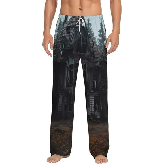 Uemuo Gloomy Mansion Forest Scene Pattern Men's Wide Leg Palazzo Lounge Pants with Pockets Light Weight Loose Comfy Casual Pajama Pants-Medium