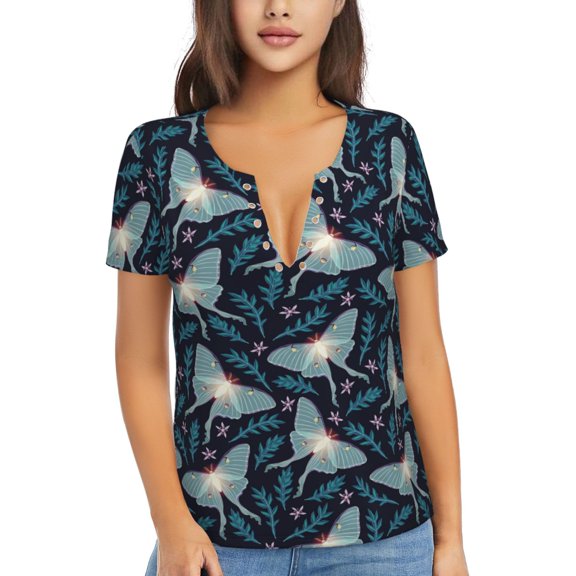 Uemuo Glowing Butterfly Drawing Women's Deep V-Neck Low Cut Tops - Casual Loose Fit with Stainless Steel Loop, Soft, Breathable, Perfect for Office, Travel, and Daily Wear-XX-Large