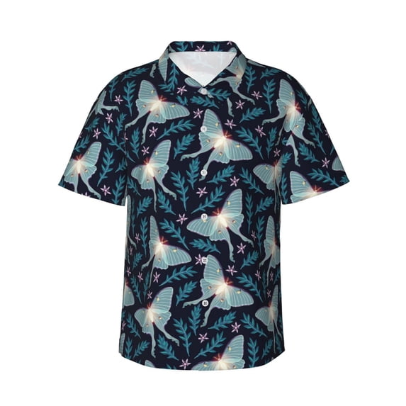 Uemuo Glowing Butterfly Printed Regular Fit Short Sleeve Casual Hawaiian Shirt for Men,Aloha shirt,Tropical shirt,Floral print shirt,Vacation Beach shirt-Large