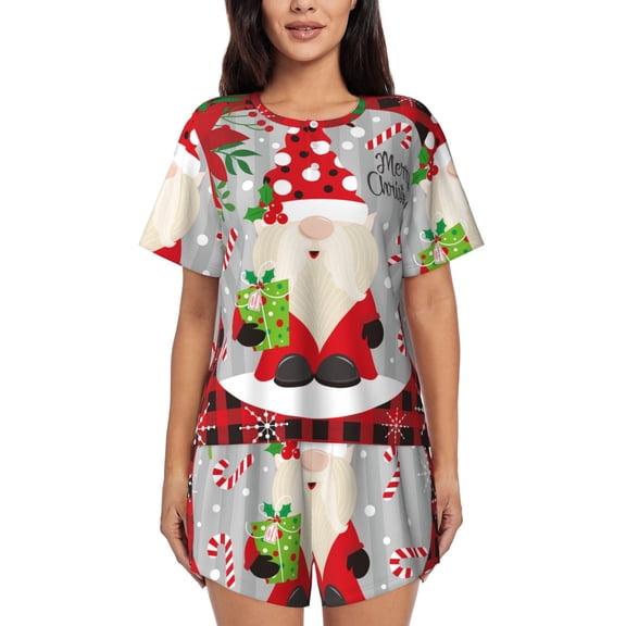 Uemuo Gnome And Buffalo Plaid Pattern Women's Short-Sleeved Pajama, Button-Front Loungewear, 2-Piece Summer Sleepwear, Elastic Drawstring Shorts-Large
