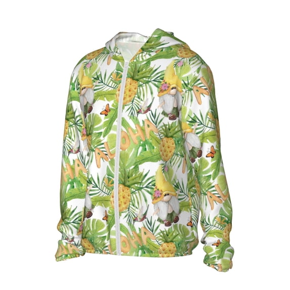 Uemuo Gnome and Pineapple Pattern Women's Full Zip UPF 50+ Sun Protection Hoodie Jacket Long Sleeve Sun Shirt Hiking Outdoor Performance with Pockets-X-Large