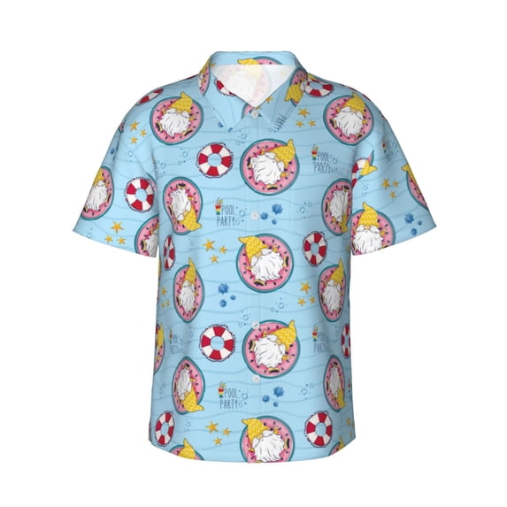 Uemuo Gnome Pool Party Printed Regular Fit Short Sleeve Casual Hawaiian Shirt for Men,Aloha shirt,Tropical shirt,Floral print shirt,Vacation Beach shirt-Small