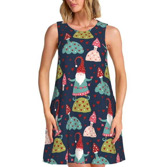 Uemuo Gnome With Mushroom Pattern Women’s Sleeveless Dress – Casual Summer A-Line Dress, Stylish and Comfortable Sundress for Hot Weather