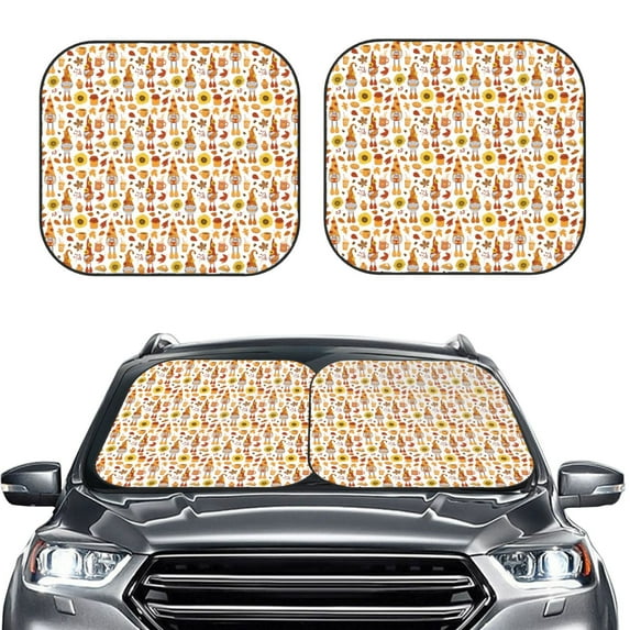 Uemuo Gnomes Autumn Harvest Printed 2 PCS Car Windshield Sun Shade, Auto Sun Heat and UV Rays Blocker, Foldable Automotive Front Window Sunshade Protector