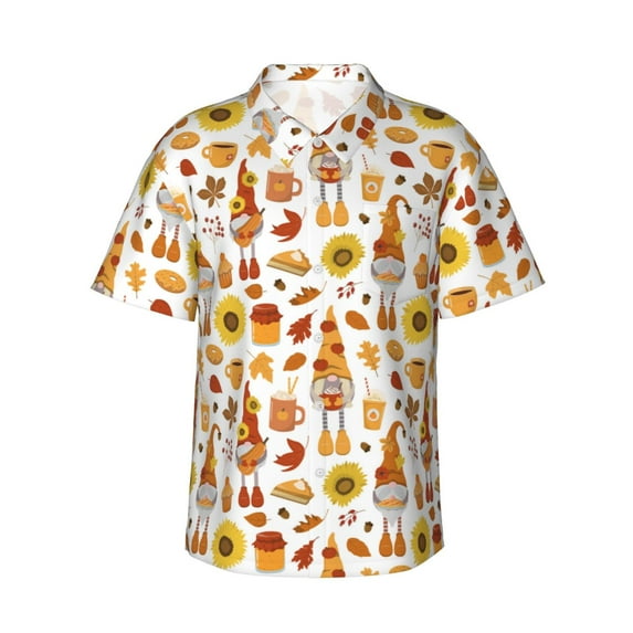 Uemuo Gnomes Autumn Harvest Printed Regular Fit Short Sleeve Casual Hawaiian Shirt for Men,Aloha shirt,Tropical shirt,Floral print shirt,Vacation Beach shirt-3X-Large