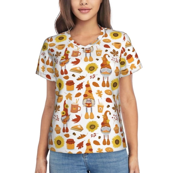 Uemuo Gnomes Autumn Harvest Printed Women's Classic V-Neck T-Shirt - Soft, Breathable, Moisture-Wicking, Perfect for Casual, Office, Travel, and Everyday Wear-Medium