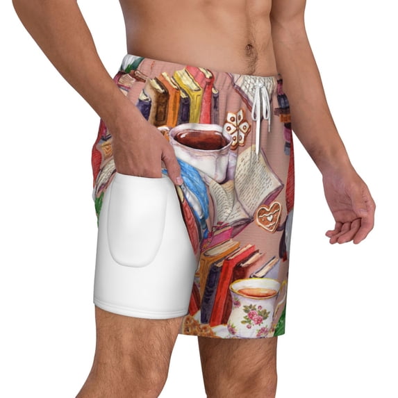 Uemuo Gnomes Books Tea Cups Pattern Mens Swim Trunks Quick Dry Board Shorts with Mesh Lining, Stretch Beach Shorts Quick Dry No-Chafing Board Shorts-3X-Large