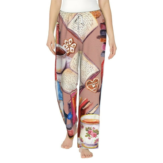 Uemuo Gnomes Books Tea Cups Pattern Women's Wide Leg Palazzo Lounge Pants with Pockets Light Weight Loose Comfy Casual Pajama Pants-Small