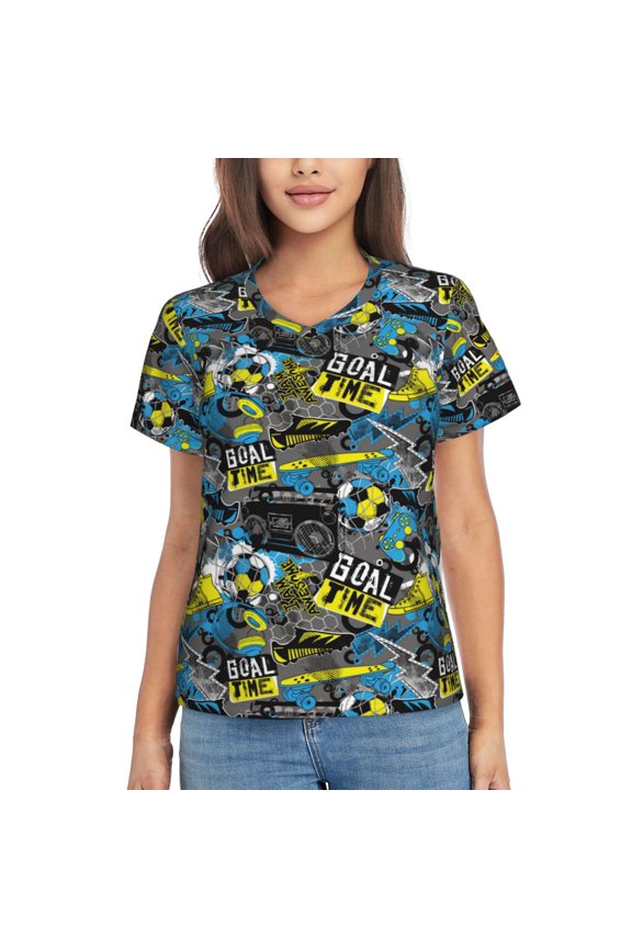 Goal Time Printed Women's Classic V-Neck T-Shirt - Soft, Breathable, Moisture-Wicking, Perfect for Casual, Office, Travel, and Everyday Wear-X-Large