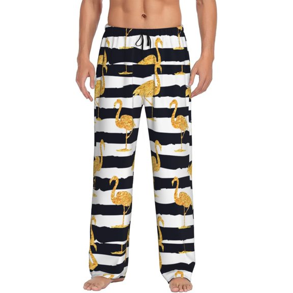 Uemuo Gold Flamingo Pattern Men's Wide Leg Palazzo Lounge Pants with Pockets Light Weight Loose Comfy Casual Pajama Pants-Medium