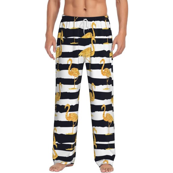 Uemuo Gold Flamingo Pattern Men's Wide Leg Palazzo Lounge Pants with Pockets Light Weight Loose Comfy Casual Pajama Pants-Small