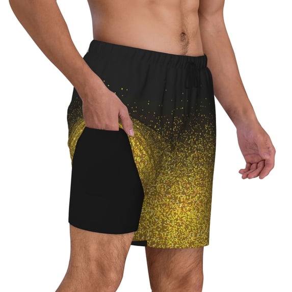 Uemuo Gold Glitter Gradient Pattern Mens Swim Trunks Quick Dry Board Shorts with Mesh Lining, Stretch Beach Shorts Quick Dry No-Chafing Board Shorts-XX-Large