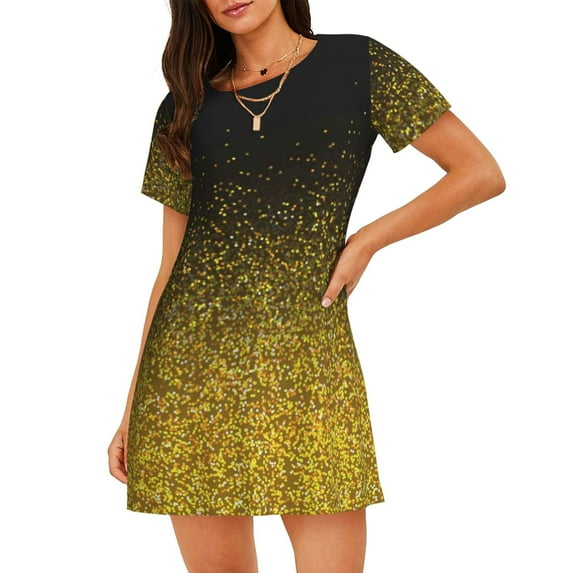 Uemuo Gold Glitter Gradient Pattern Women’s Nightdress – Casual Sleep Shirt, Soft Relaxed Fit Short-Sleeved Cotton Sleepwear for Home, Bedtime, and Lounging
