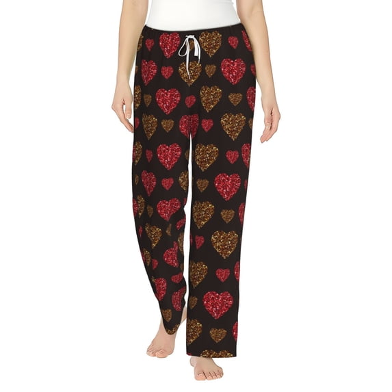 Uemuo Gold Glitter Heart Pattern Women's Wide Leg Palazzo Lounge Pants with Pockets Light Weight Loose Comfy Casual Pajama Pants-Large