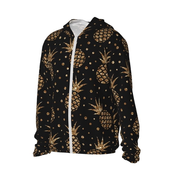 Uemuo Gold Glitter Pineapples Pattern Women's Full Zip UPF 50+ Sun Protection Hoodie Jacket Long Sleeve Sun Shirt Hiking Outdoor Performance with Pockets-Small