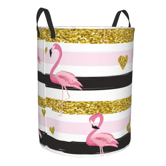 Uemuo Gold Glittering Hearts and Flamingos Pattern Circular Laundry Hamper Basket with handles,Collapsible laundry basket,Large capacity laundry hamper,Laundry Organizer-