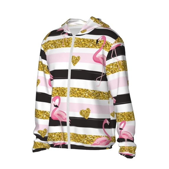 Uemuo Gold Glittering Hearts and Flamingos Pattern Women's Full Zip UPF 50+ Sun Protection Hoodie Jacket Long Sleeve Sun Shirt Hiking Outdoor Performance with Pockets-Large