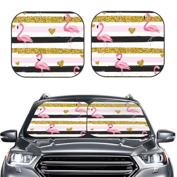 Uemuo Gold Glittering Hearts and Flamingos Printed 2 PCS Car Windshield Sun Shade, Auto Sun Heat and UV Rays Blocker, Foldable Automotive Front Window Sunshade Protector