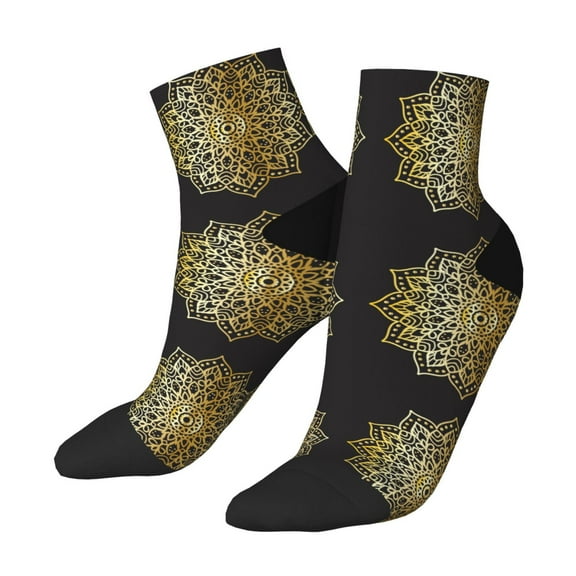 Uemuo Gold Mandala Printed Crew Socks, Moisture-Wicking Socks, Athletic Socks for Men Breathable Cushion Socks Casual Sport Socks for Running Traveling