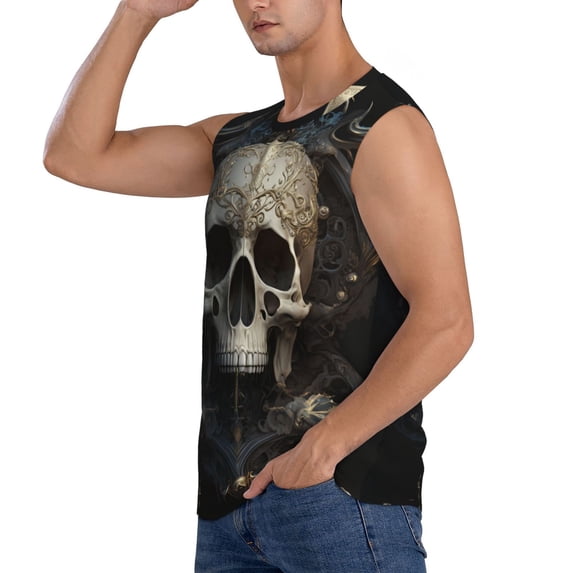 Uemuo Gold Pattern Skull Pattern Men's Sleeveless T-Shirt,Muscle Athletic Tank Top, Moisture-wicking Quick-dry Breathable Classic Tee Top for Gym Run Outdoor Sports-Large