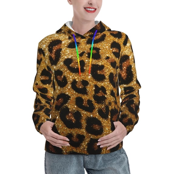 Uemuo Golden Leopard Glitter Pattern Women's Hoodie with Eye-catching Drawstrings- Casual Pullover Hoodie with Kangaroo Pocket, Stylish Hooded Sweatshirt-Small
