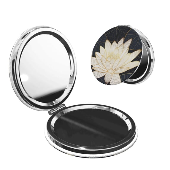 Uemuo Golden Lotus Print Compact Portable Pocket Makeup Mirror - Leather Cover, Elegant Travel Cosmetic Mirror for Purse, Pocket, and Handbag-Round Shape