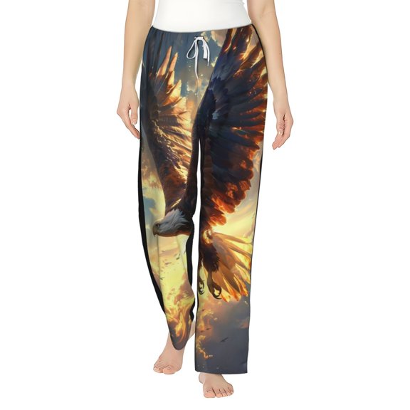 Uemuo Golden Sky Bald Eagle Pattern Women's Wide Leg Palazzo Lounge Pants with Pockets Light Weight Loose Comfy Casual Pajama Pants-Medium