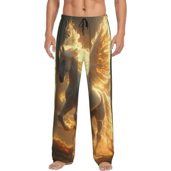 Uemuo Golden Winged White Horse Pattern Men's Wide Leg Palazzo Lounge Pants with Pockets Light Weight Loose Comfy Casual Pajama Pants-Medium