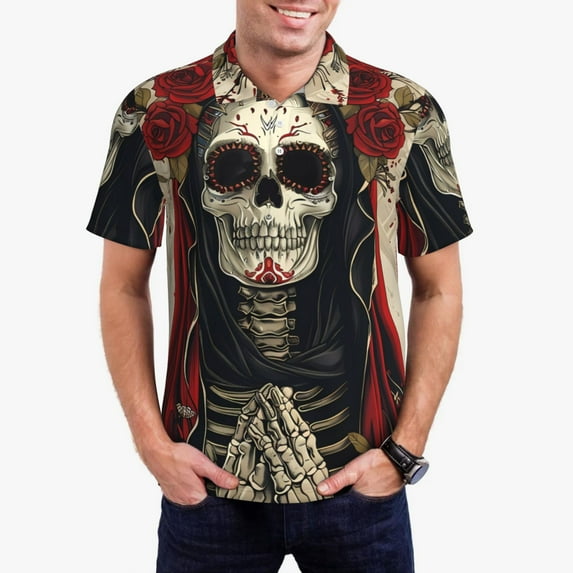 Uemuo Gothic Skull With Roses for Men’s Golf Shirt – Premium Pique Cotton Polo, Soft & Breathable Casual Short Sleeve Shirt, Comfortable Activewear for Sports & Leisure-XX-Large