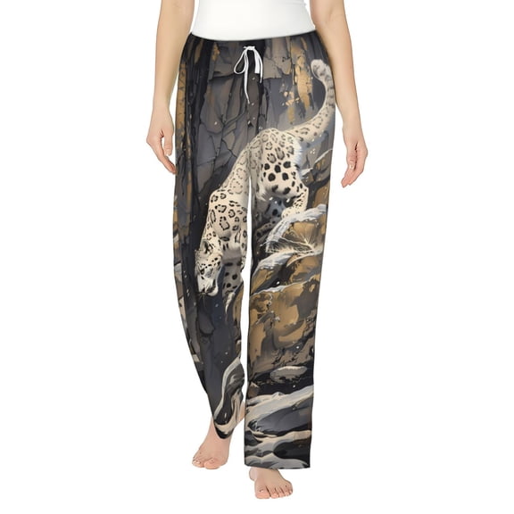 Uemuo Graceful Snow Leopard Pattern Women's Wide Leg Palazzo Lounge Pants with Pockets Light Weight Loose Comfy Casual Pajama Pants-Small