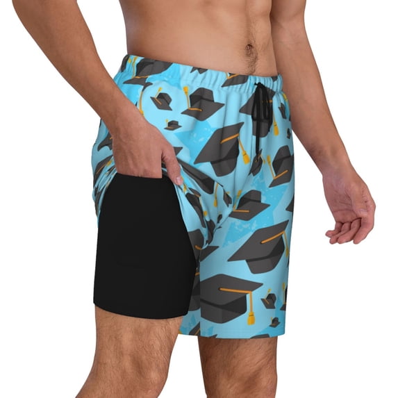 Uemuo Graduation Hats1 Pattern Mens Swim Trunks Quick Dry Board Shorts with Mesh Lining, Stretch Beach Shorts Quick Dry No-Chafing Board Shorts-X-Large
