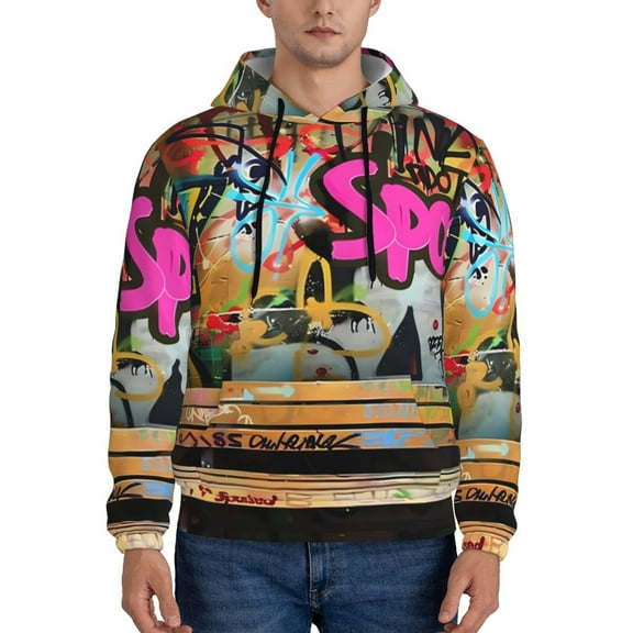 Uemuo Graffiti Lamp Urban Scene Pattern Men's Hoodie - Casual Pullover Hoodie with Kangaroo Pocket, Stylish Hooded Sweatshirt for Everyday Wear-XX-Large