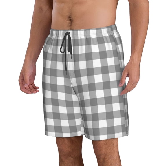 Uemuo Gray Checkboard Pattern Men's Swim Trunks Hawaiian Beach Bathing Suit Swimsuits Beach Quick-Dry Shorts with Pockets-Small