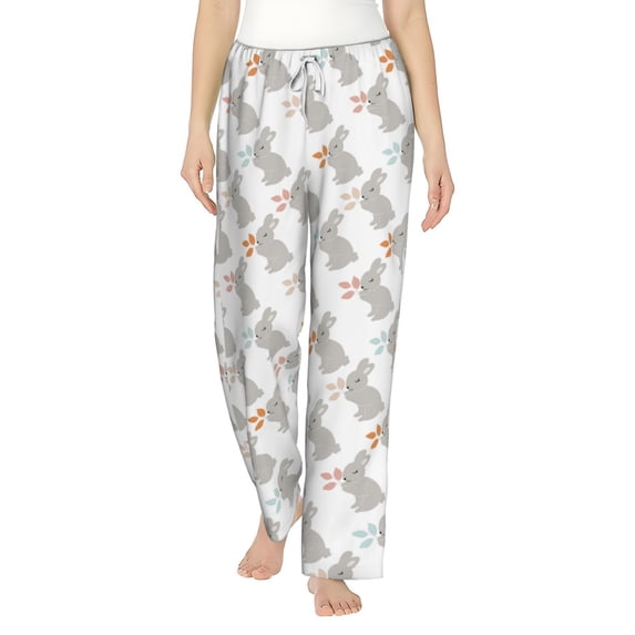 Uemuo Gray Rabbit Pattern Women's Wide Leg Palazzo Lounge Pants with Pockets Light Weight Loose Comfy Casual Pajama Pants-Large