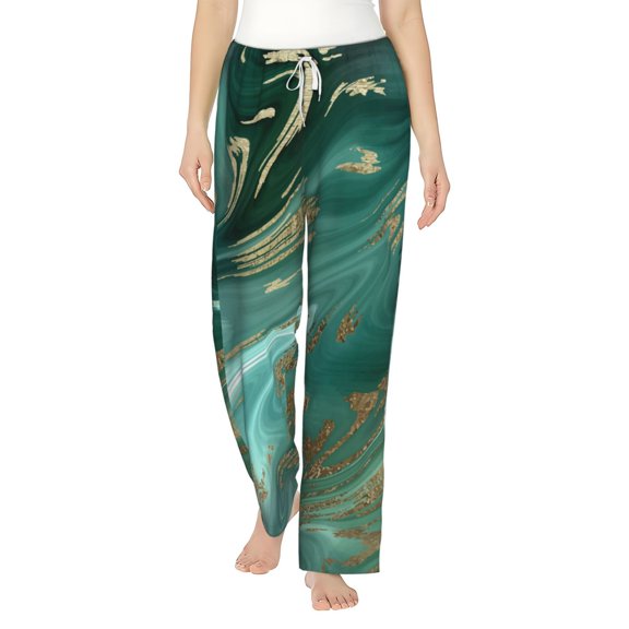 Uemuo Green And Gold Marble Pattern Women's Wide Leg Palazzo Lounge Pants with Pockets Light Weight Loose Comfy Casual Pajama Pants-Small