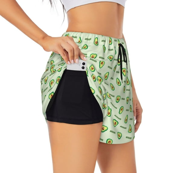 Uemuo Green Avocado Pattern Women's Athletic Shorts High Waisted Running Shorts with Liner Pockets Gym Elastic Workout Shorts-Small