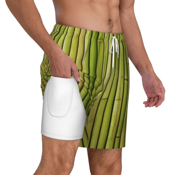 Uemuo Green Bamboo Fence Pattern Mens Swim Trunks Quick Dry Board Shorts with Mesh Lining, Stretch Beach Shorts Quick Dry No-Chafing Board Shorts-3X-Large