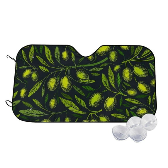 Uemuo Green Branch Olive Pattern Accordion Car Windshield Sun Shade, Foldable Reflective Sun Visor for Car, Reflector Windshield Sunshade-Medium