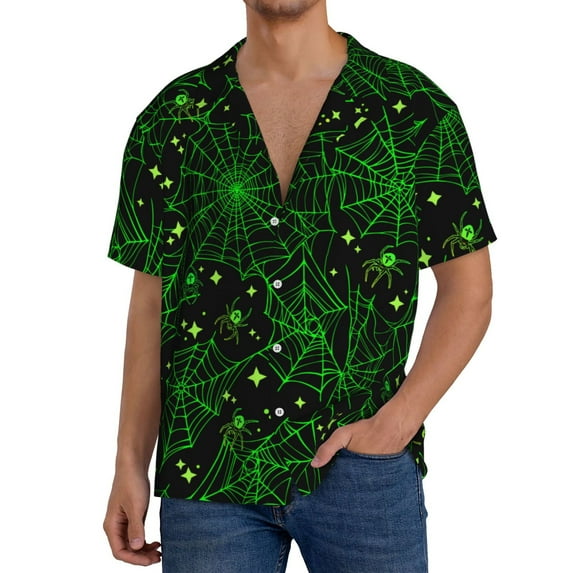 Uemuo Green Bright Web with Spiders Pattern Cotton Linen Short Sleeve Shirts,Casual Lightweight Button Down Shirts,Vacation Beach Summer Tops-3X-Large