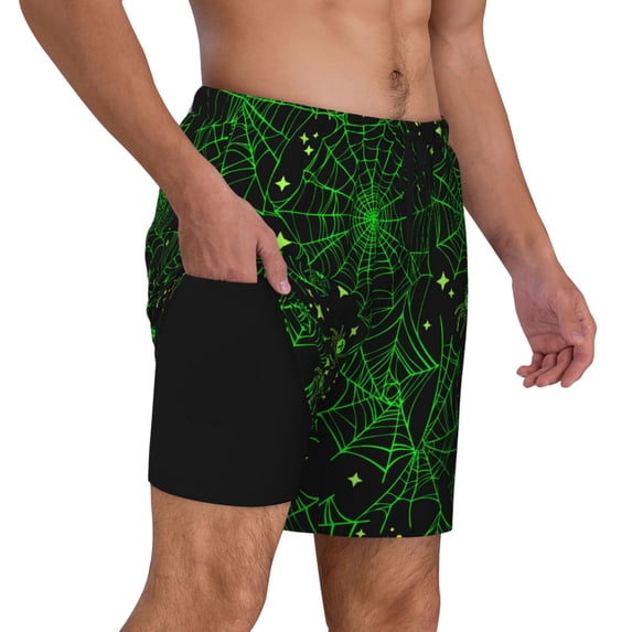 Uemuo Green Bright Web with Spiders Pattern Mens Swim Trunks Quick Dry Board Shorts with Mesh Lining, Stretch Beach Shorts Quick Dry No-Chafing Board Shorts-Medium