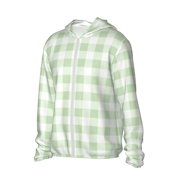 Uemuo Green Checkboard Pattern Women's Full Zip UPF 50+ Sun Protection Hoodie Jacket Long Sleeve Sun Shirt Hiking Outdoor Performance with Pockets-3X-Large