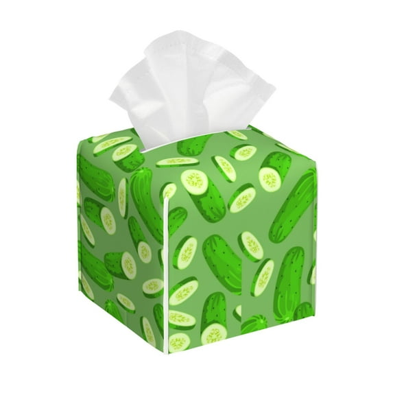 Uemuo Green Cucumber Tissue Box Cover Holder, Square with Bottom Belt - PVC Leather Decorative Organizer for Tabletop, Bathroom, Car, Office
