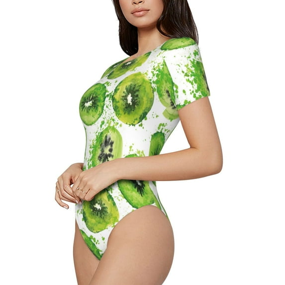 Uemuo Green Kiwi Pattern Women's One Piece Short Sleeve Swimsuit Rash Guard Surfing Modest Quick-drying Swimsuit Beach Essentials-Small