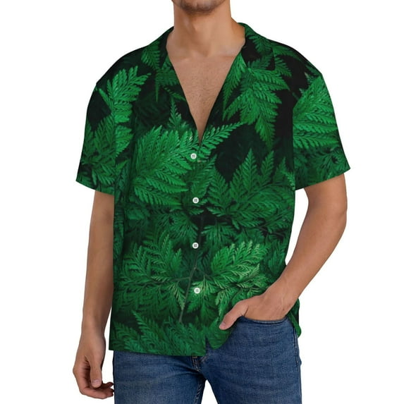 Uemuo Green Leave Fern Pattern Cotton Linen Short Sleeve Shirts,Casual Lightweight Button Down Shirts,Vacation Beach Summer Tops-Small