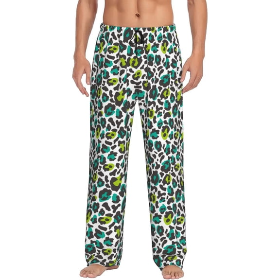 Uemuo Green Leopard Pattern Men's Wide Leg Palazzo Lounge Pants with Pockets Light Weight Loose Comfy Casual Pajama Pants-Medium