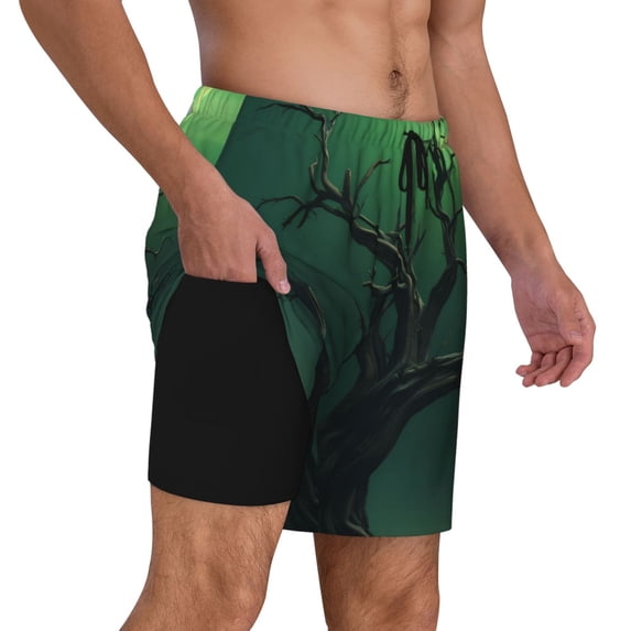 Uemuo Green Night Sky Moon Branches Pattern Mens Swim Trunks Quick Dry Board Shorts with Mesh Lining, Stretch Beach Shorts Quick Dry No-Chafing Board Shorts-Small