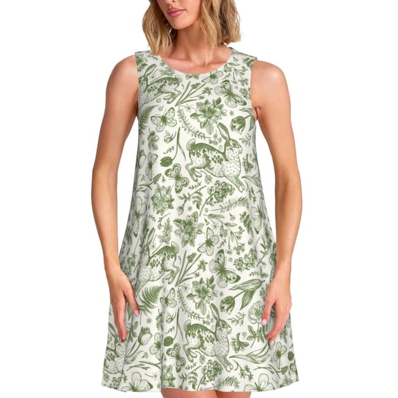 Uemuo Green Rabbit Pattern Women’s Sleeveless Dress – Casual Summer A-Line Dress, Stylish and Comfortable Sundress for Hot Weather